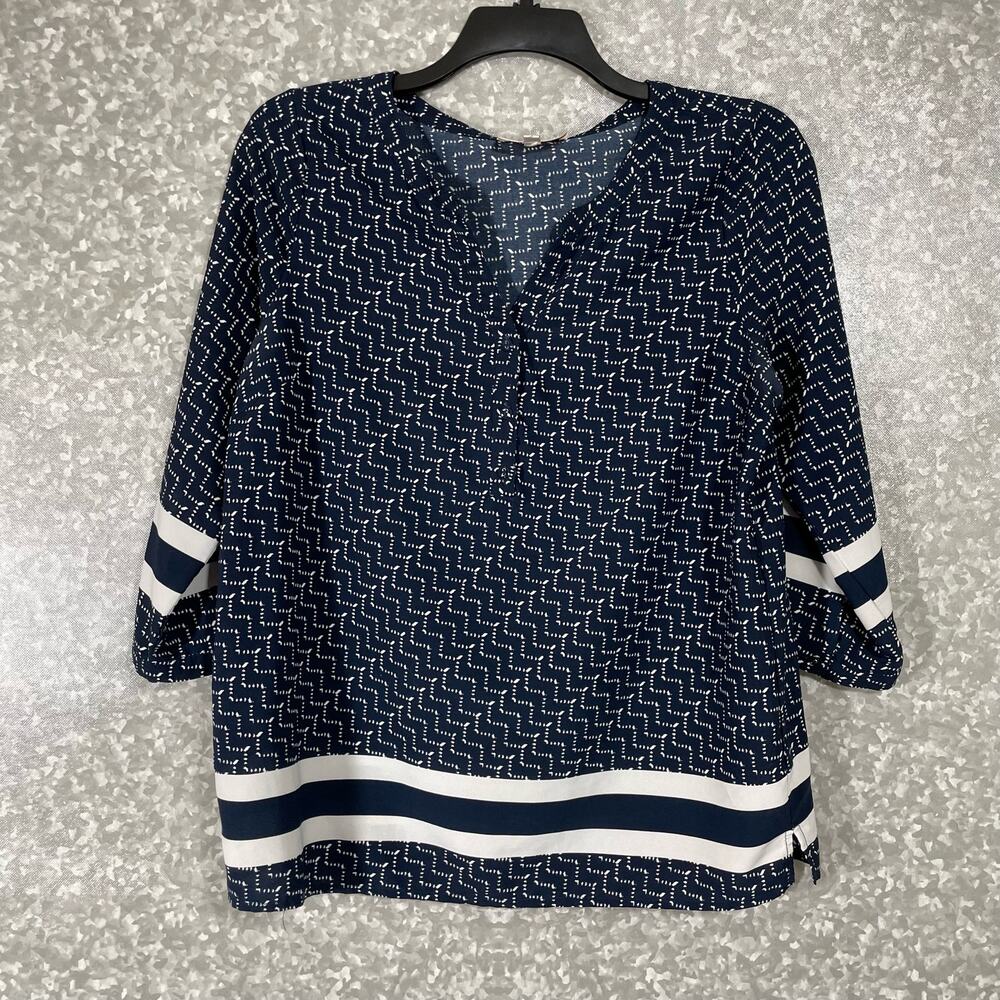 Skies Are Blue Women's Classic Preppy Career Blouse - Size Medium - Blue Pattern